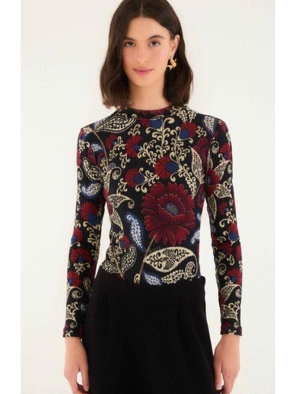 NWT! FARM Rio Valentina Black Floral Paisley Ribbed Long Sleeve Bodysuit Size S